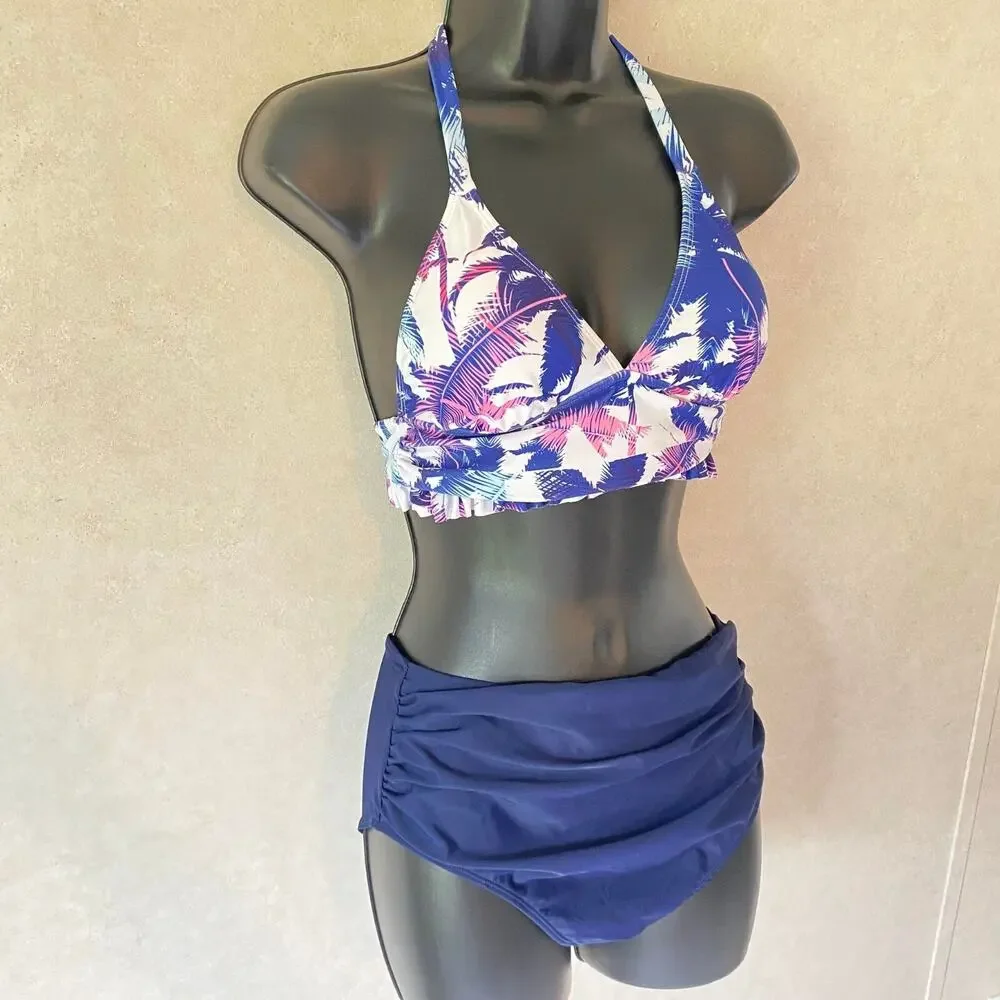 Palm‎ Tree Print Bralette Swim Top High Waisted Swimsuit, White Blue, Small